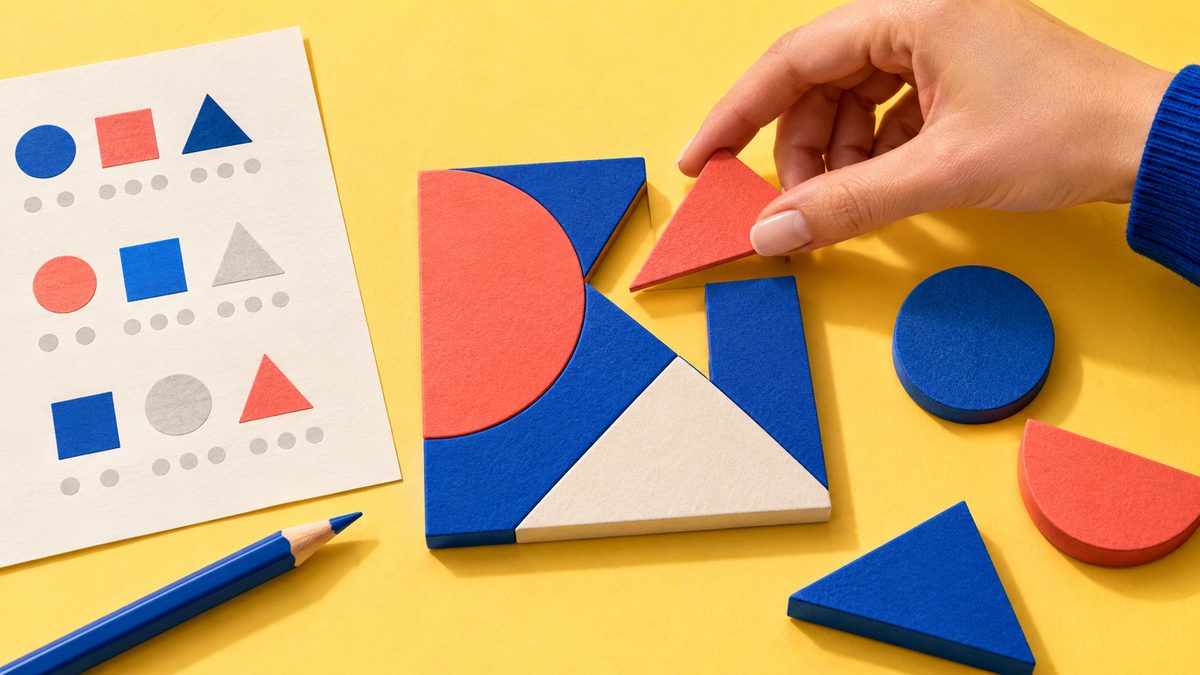 Hand arranging geometric puzzle pieces beside an aptitude test sheet