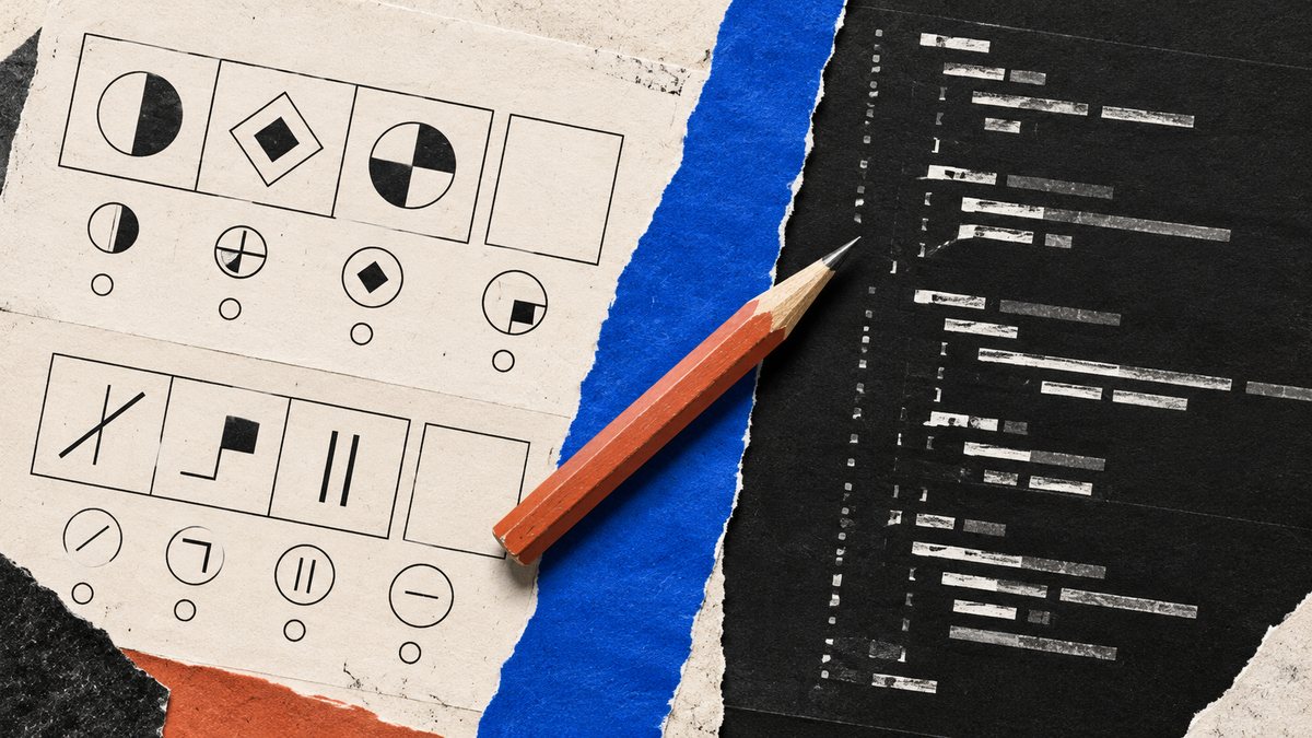 A cut-paper editorial collage contrasting abstract reasoning questions with code-like marks