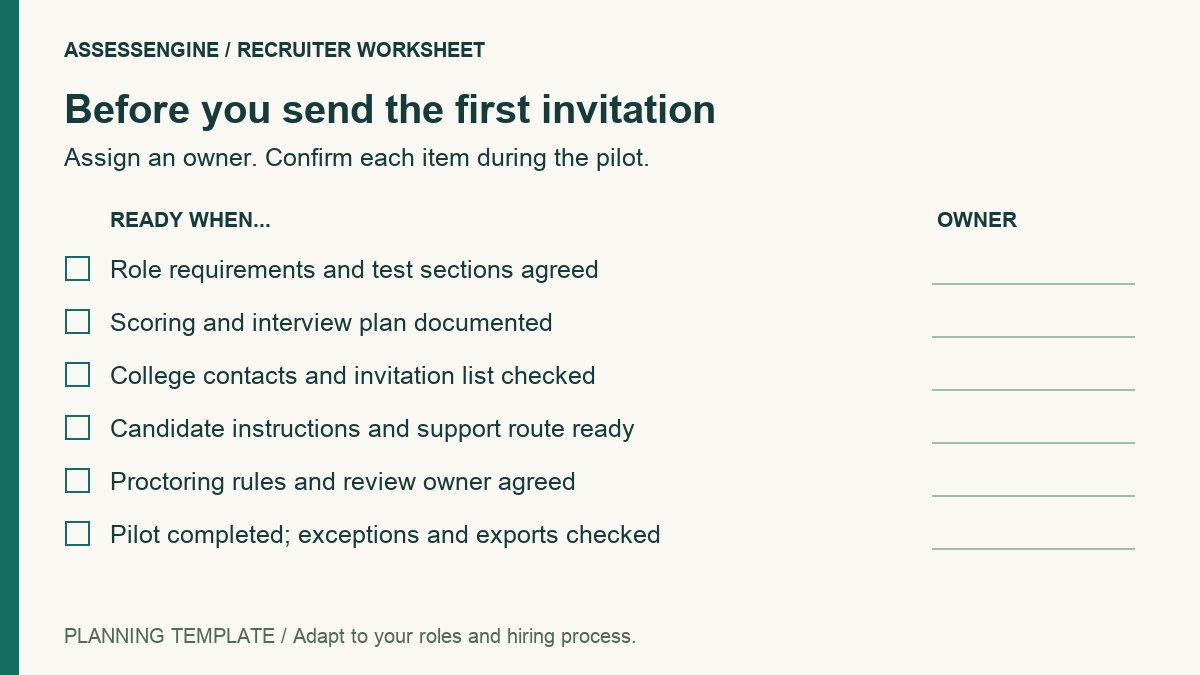 Campus drive checklist with six readiness items and blank owner fields: test scope, scoring, contacts, instructions, review rules and pilot.