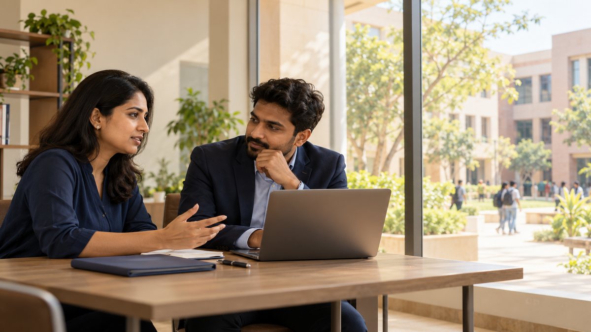 Two fictional recruitment professionals discussing a hiring plan in a sunlit campus office