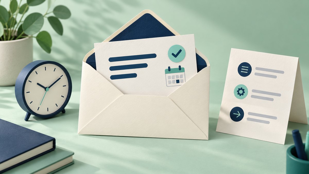An open assessment invitation envelope beside a clock and instruction sheet on a mint-green desk