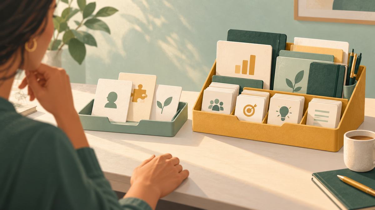 Recruiter comparing a small assessment-card tray and a fuller organiser