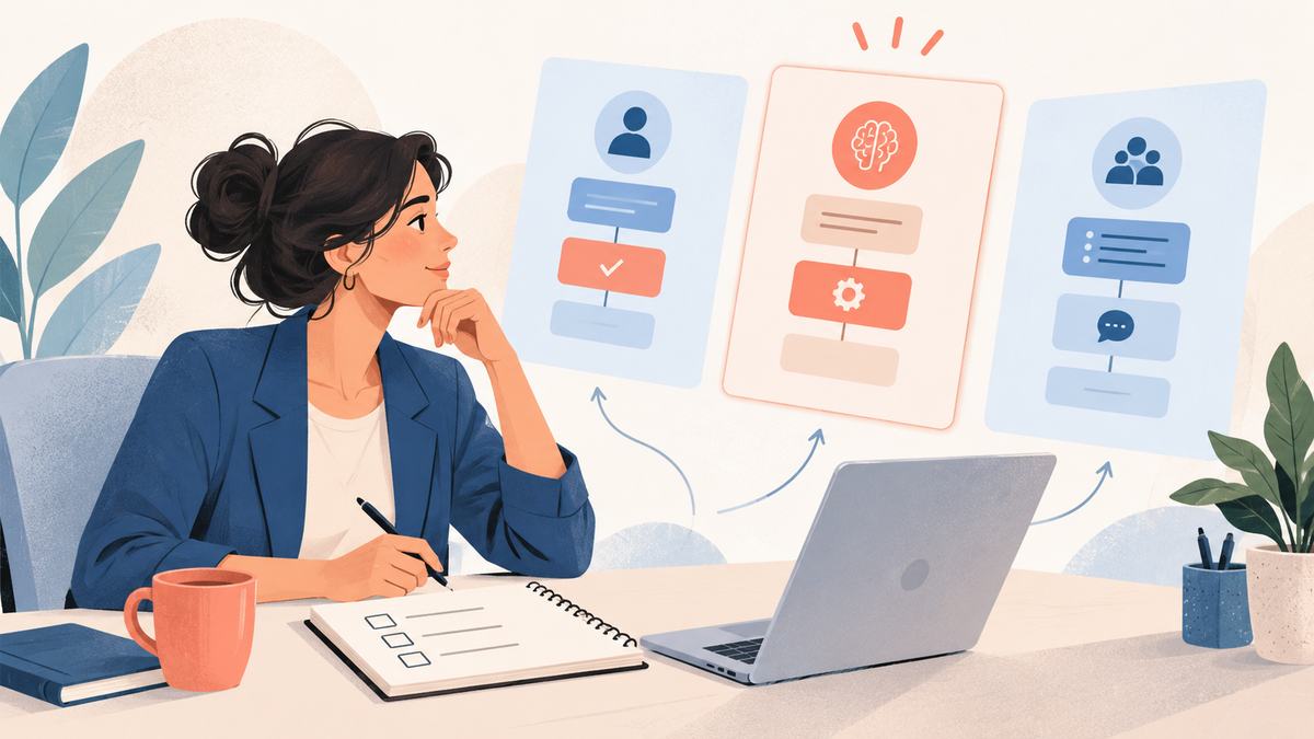 Recruiter considering assessment workflow cards with a checklist