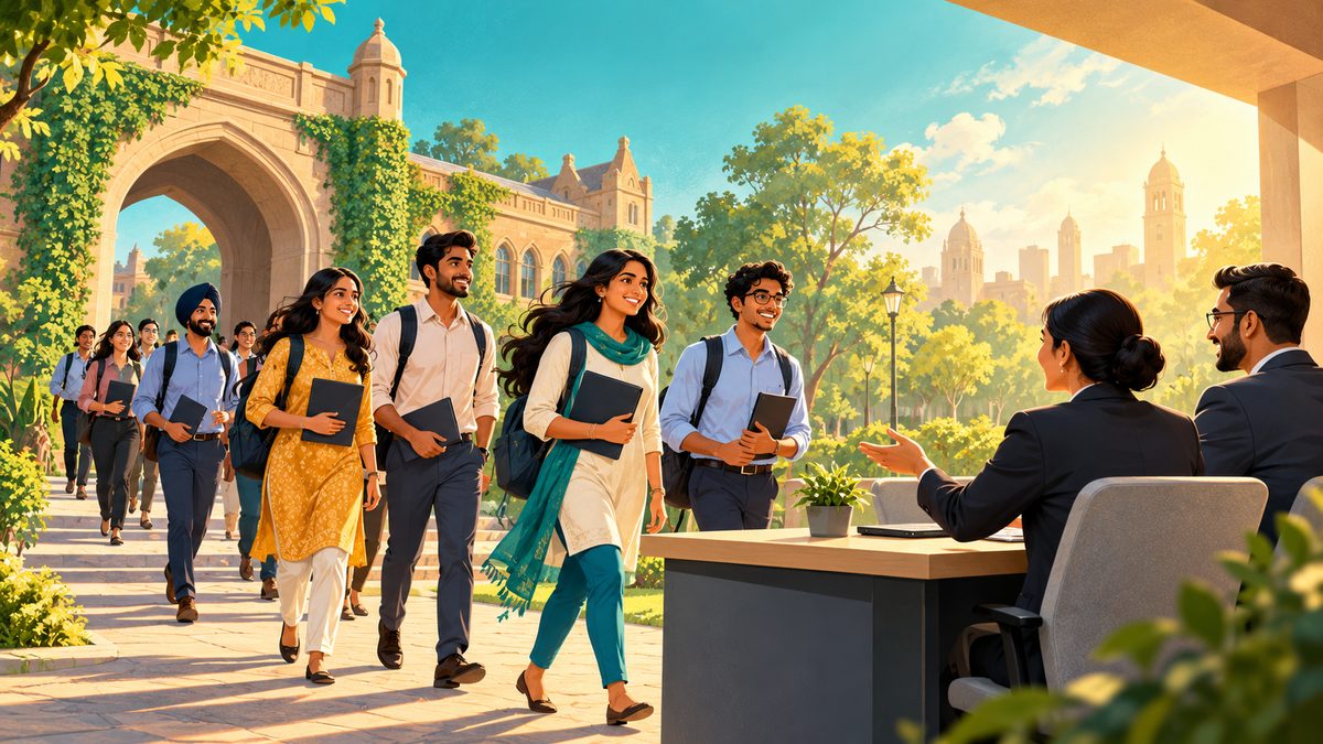 Graduates approaching a recruiter desk outside a college