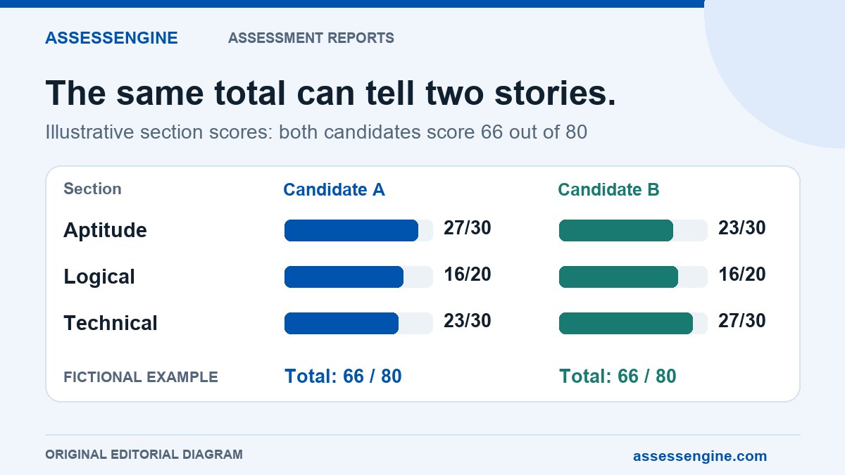 Fictional candidates both score 66 out of 80. Candidate A scores 27, 16 and 23 across aptitude, logic and technical sections; Candidate B scores 23, 16 and 27.