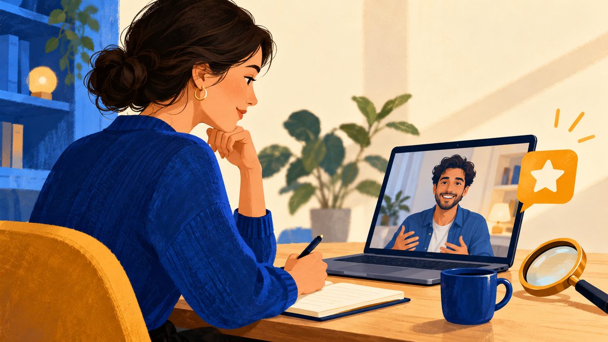 Recruiter reviewing a candidate video call with an amber review marker