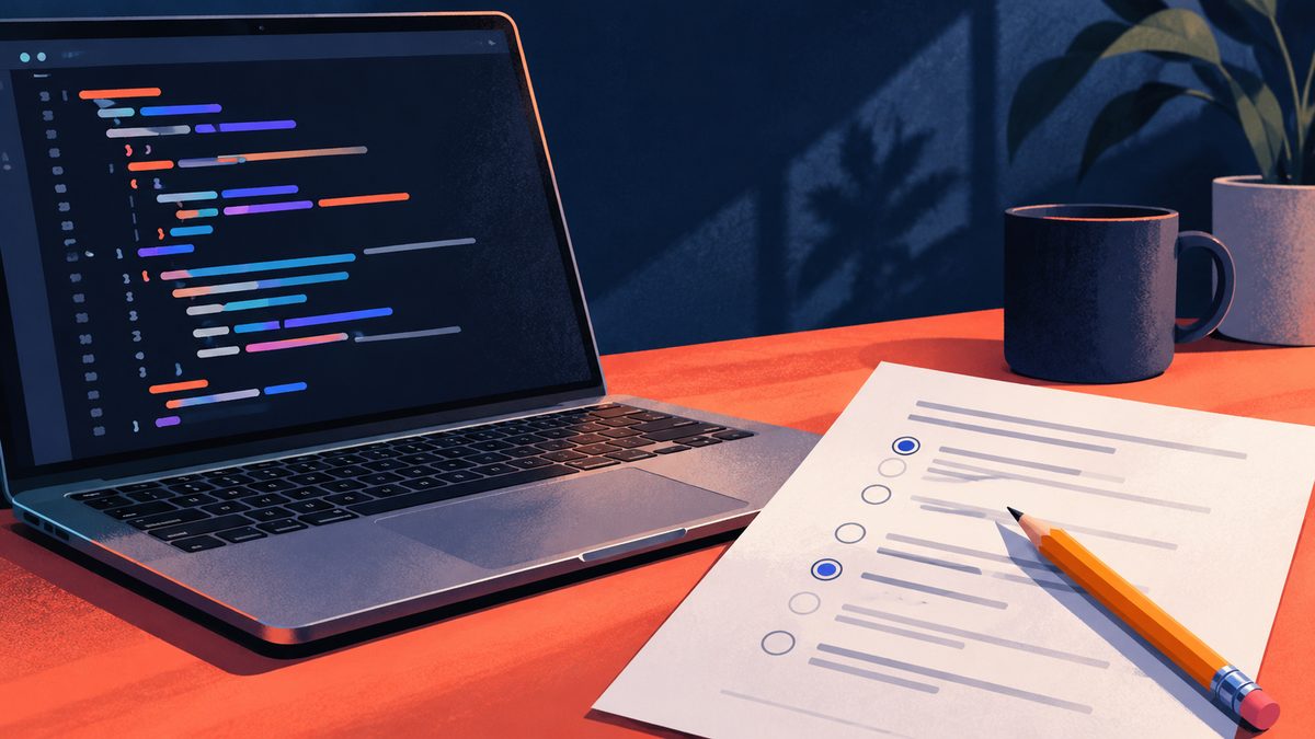 Laptop with abstract code beside a paper knowledge test